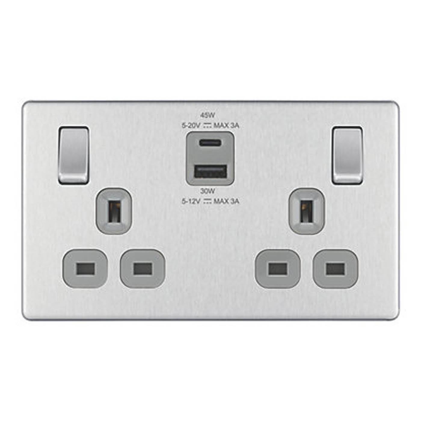 LAP Switched Socket With 2-Outlet USB 13A 2-Gang Brushed Steel SP 3A 45W Charger - Image 1