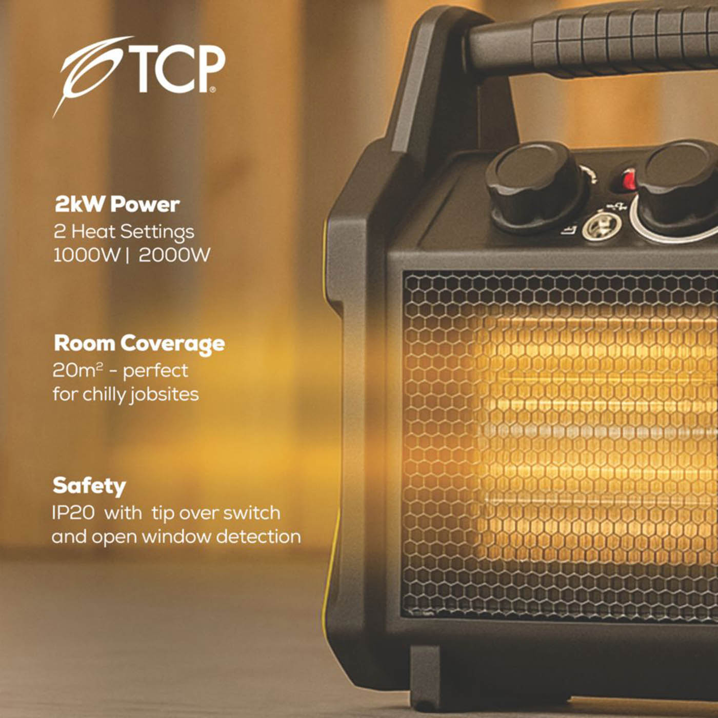 TCP Portable Fan Heater 2000W Electric Adjustable Thermostat 2 Heat Settings - Image 3