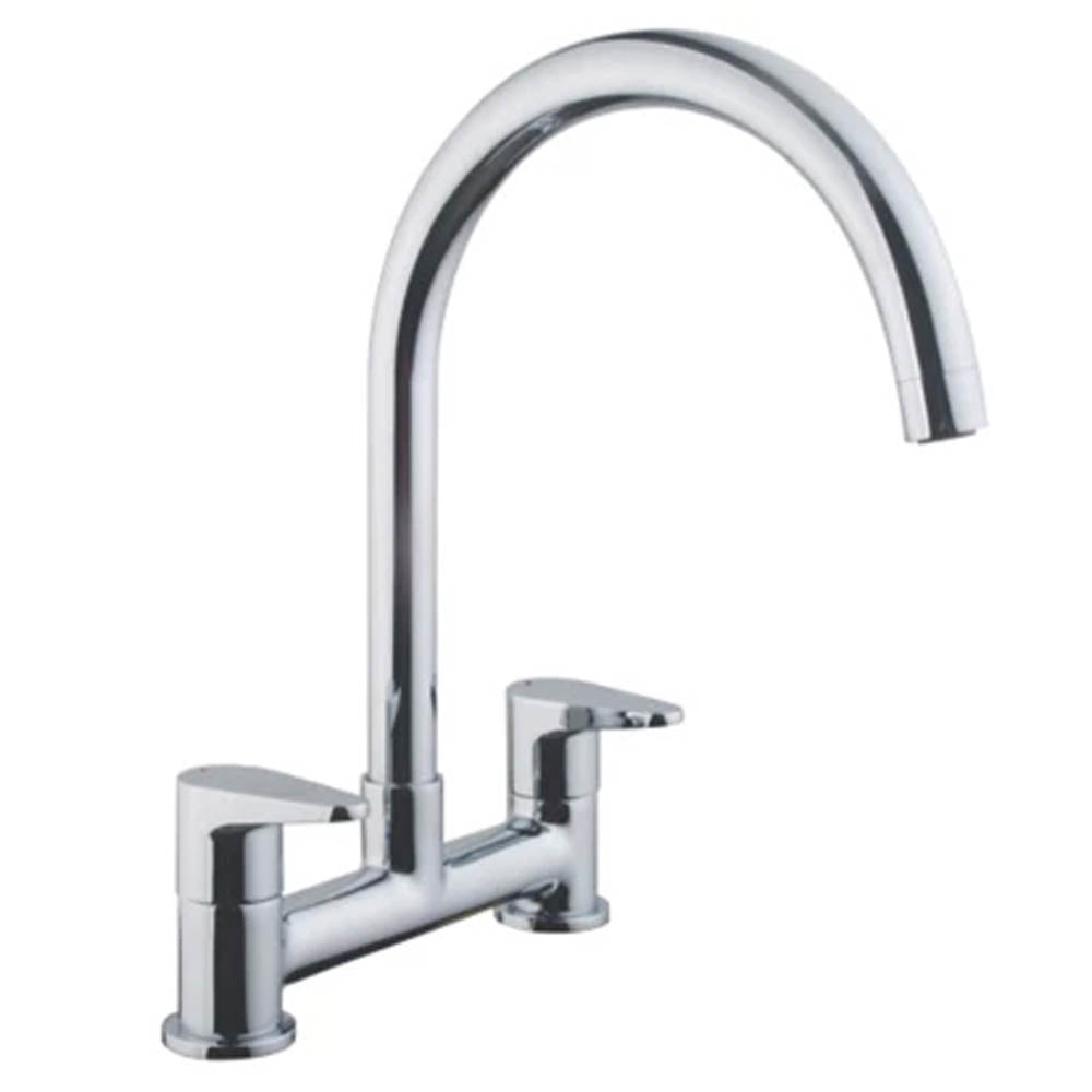 Kitchen Mixer Tap Chrome Dual Twin Lever Bridge Deck-Mounted Swivel Spout - Image 1
