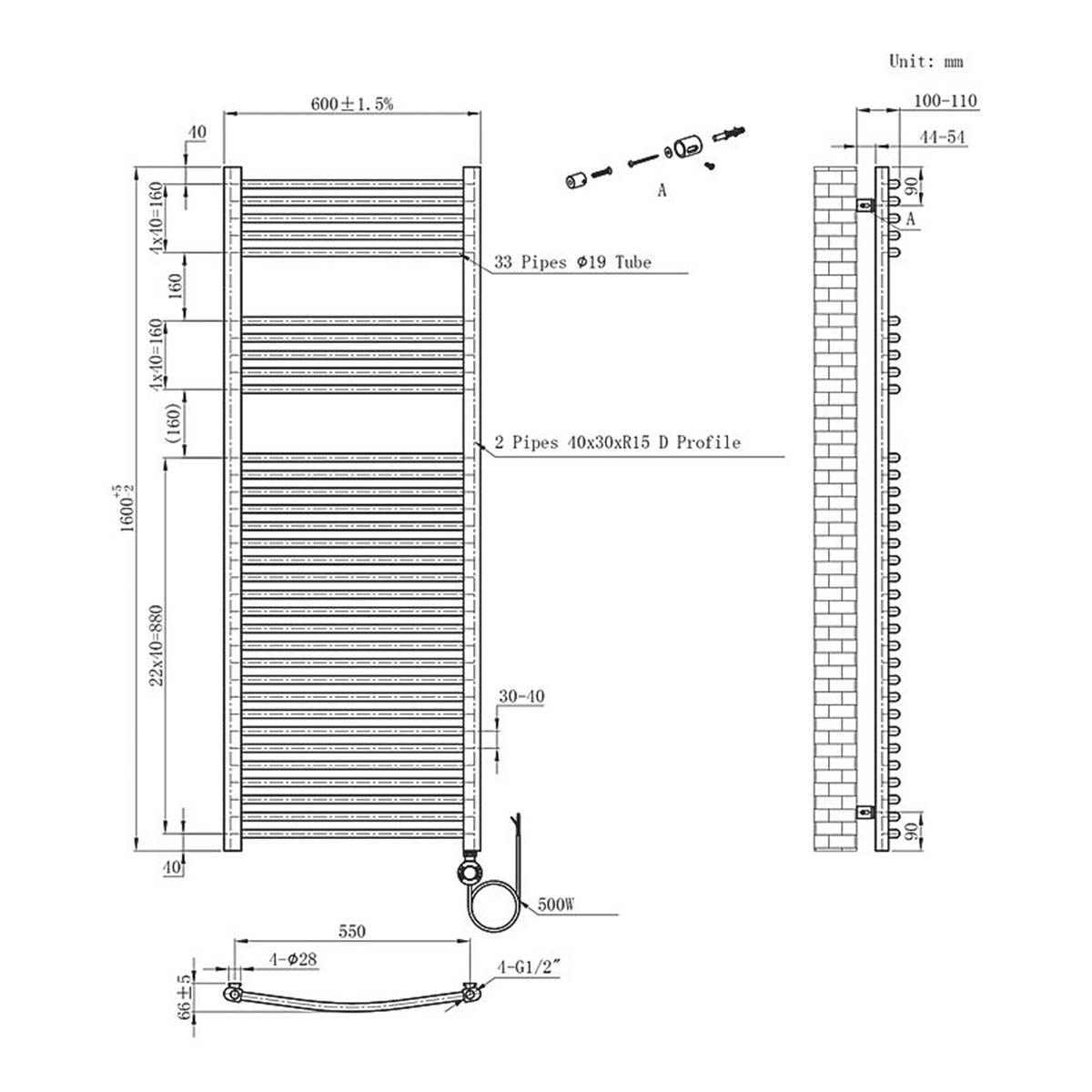 Flomasta Electric Towel Rail Radiator Chrome Curved Bathroom Warmer H160xW60cm - Image 7