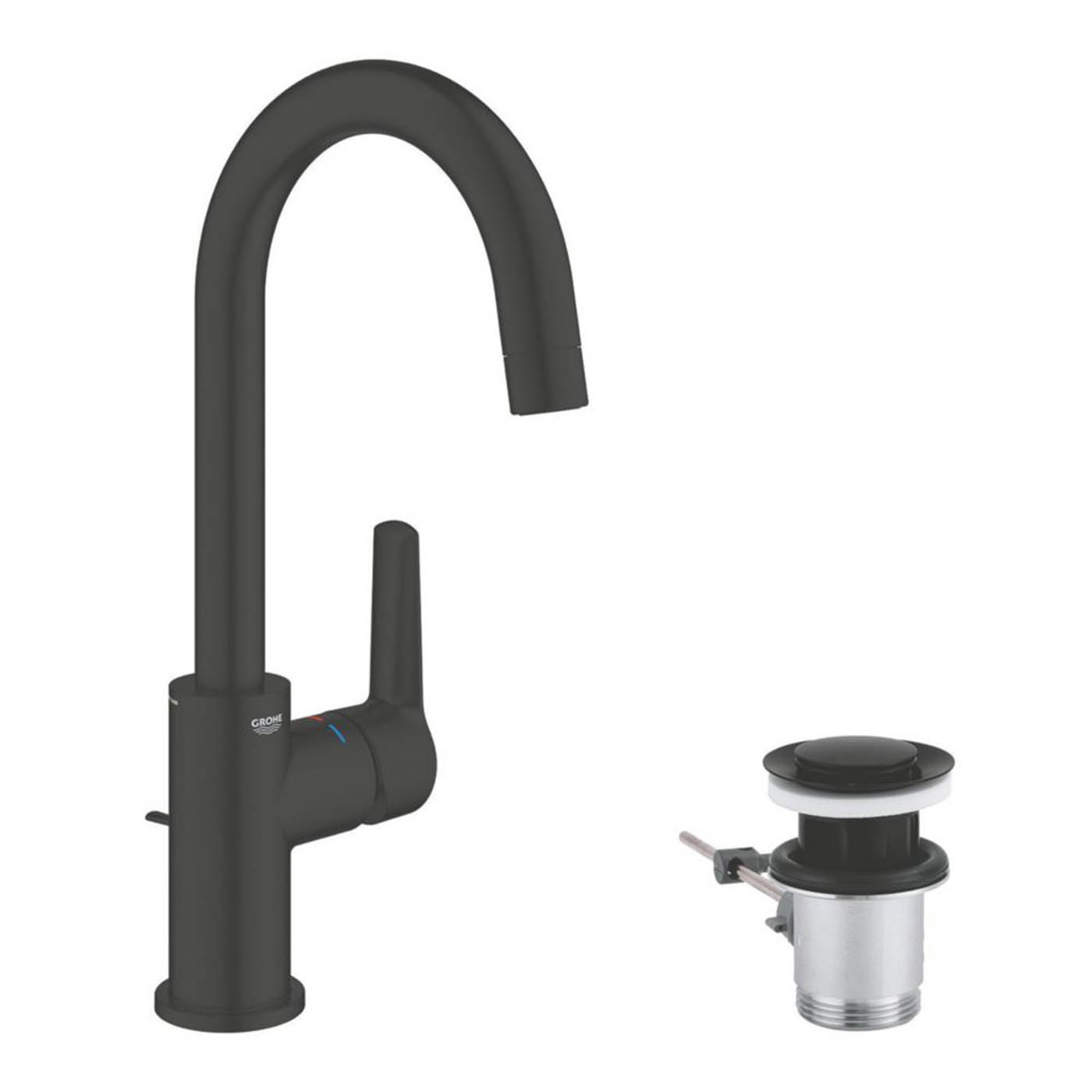 Grohe Basin Mixer Tap Mono Tall Matt Black Single Lever With Pop Up Waste 311mm - Image 2