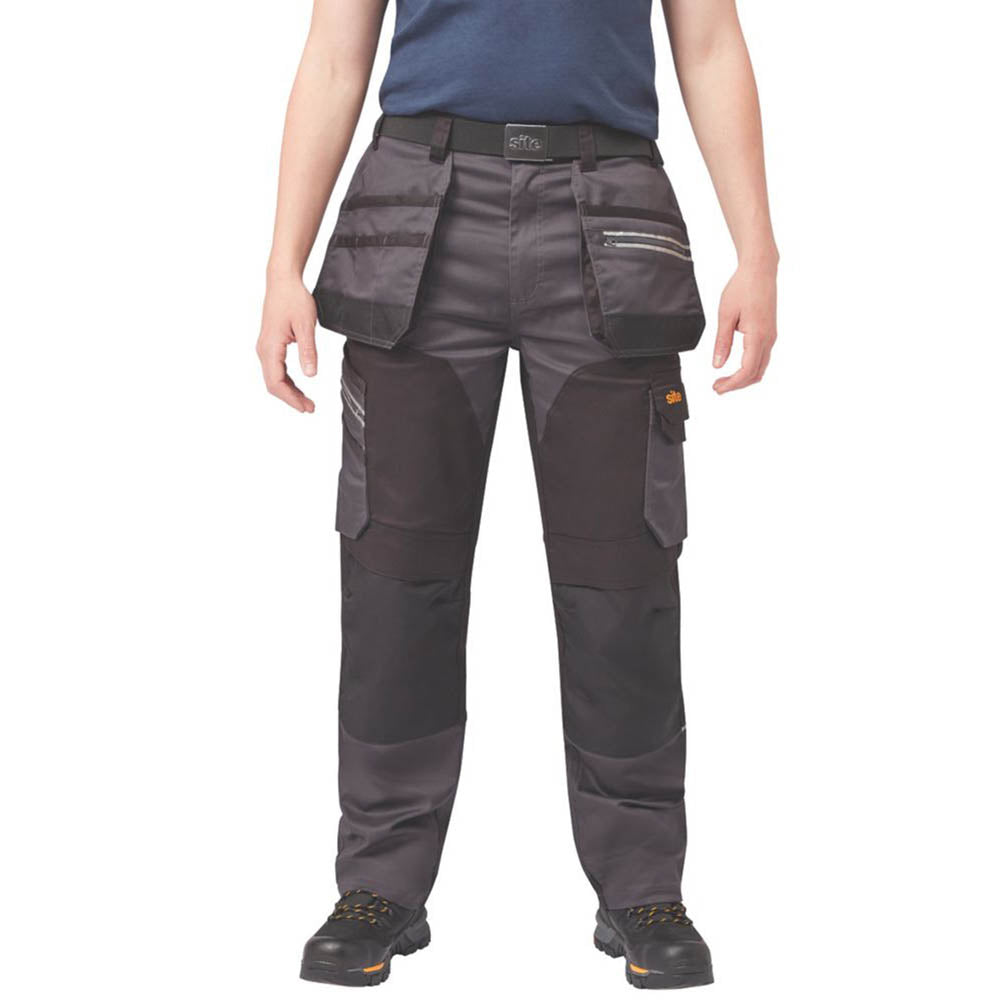 Site Work Trousers Mens Regular Fit Grey Black Stretch Multi Pockets 30W 32L - Image 4