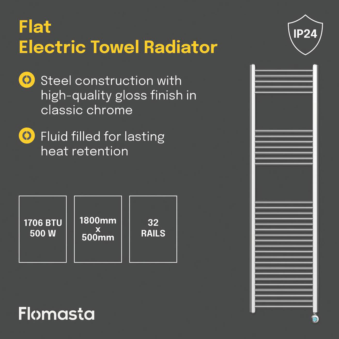 Flomasta Electric Towel Rail Radiator Chrome Flat Bathroom Warmer (H)180x(W)50cm - Image 4
