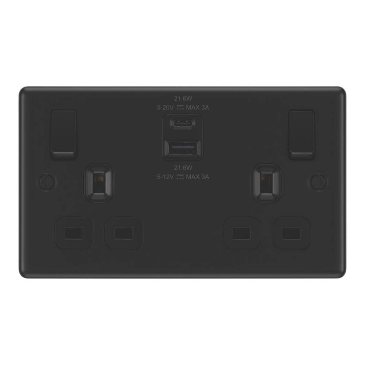 LAP Wall Plug Socket Matt Black 13A 2 Gang SP Switched Type A And C USB Charger - Image 1