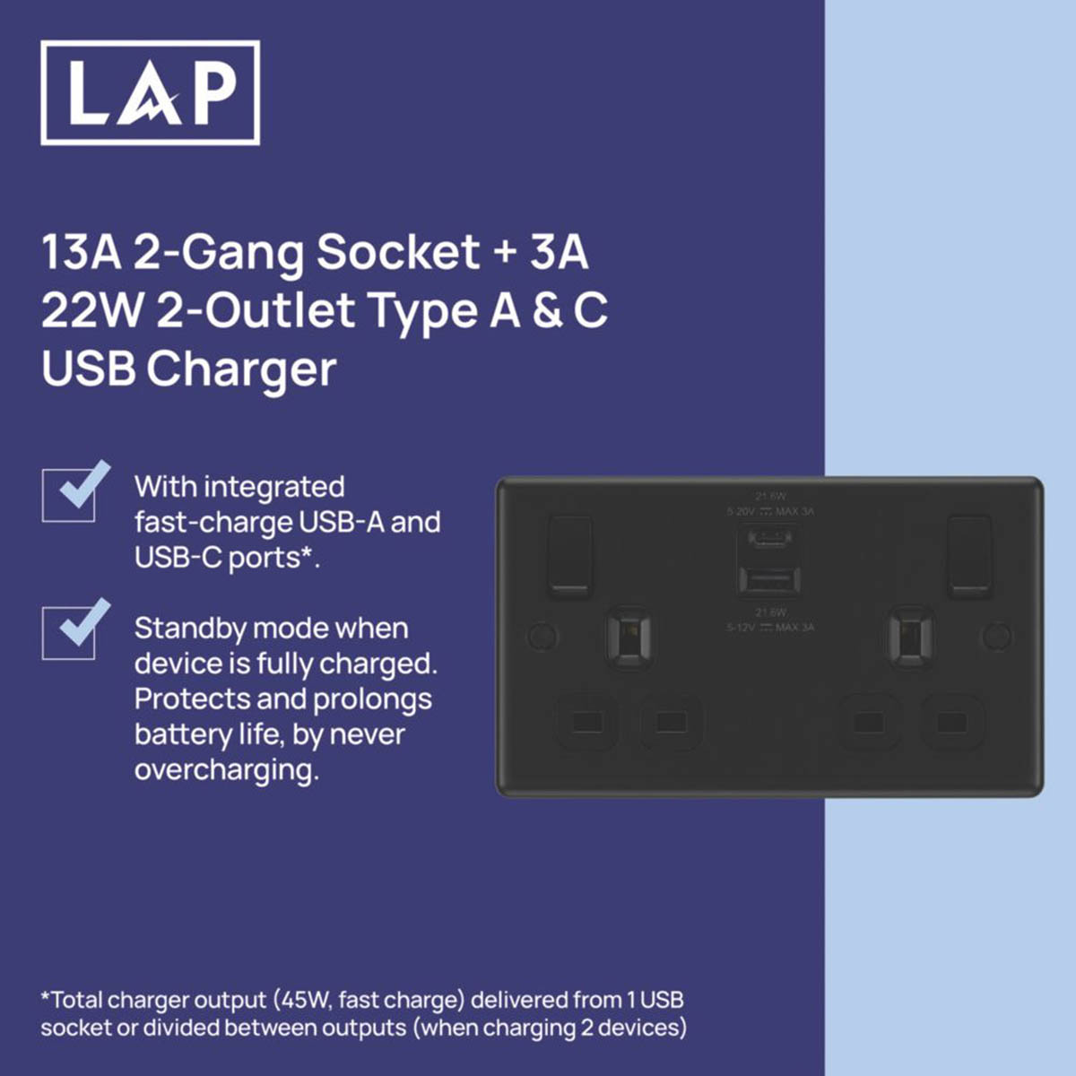 LAP Wall Plug Socket Matt Black 13A 2 Gang SP Switched Type A And C USB Charger - Image 3
