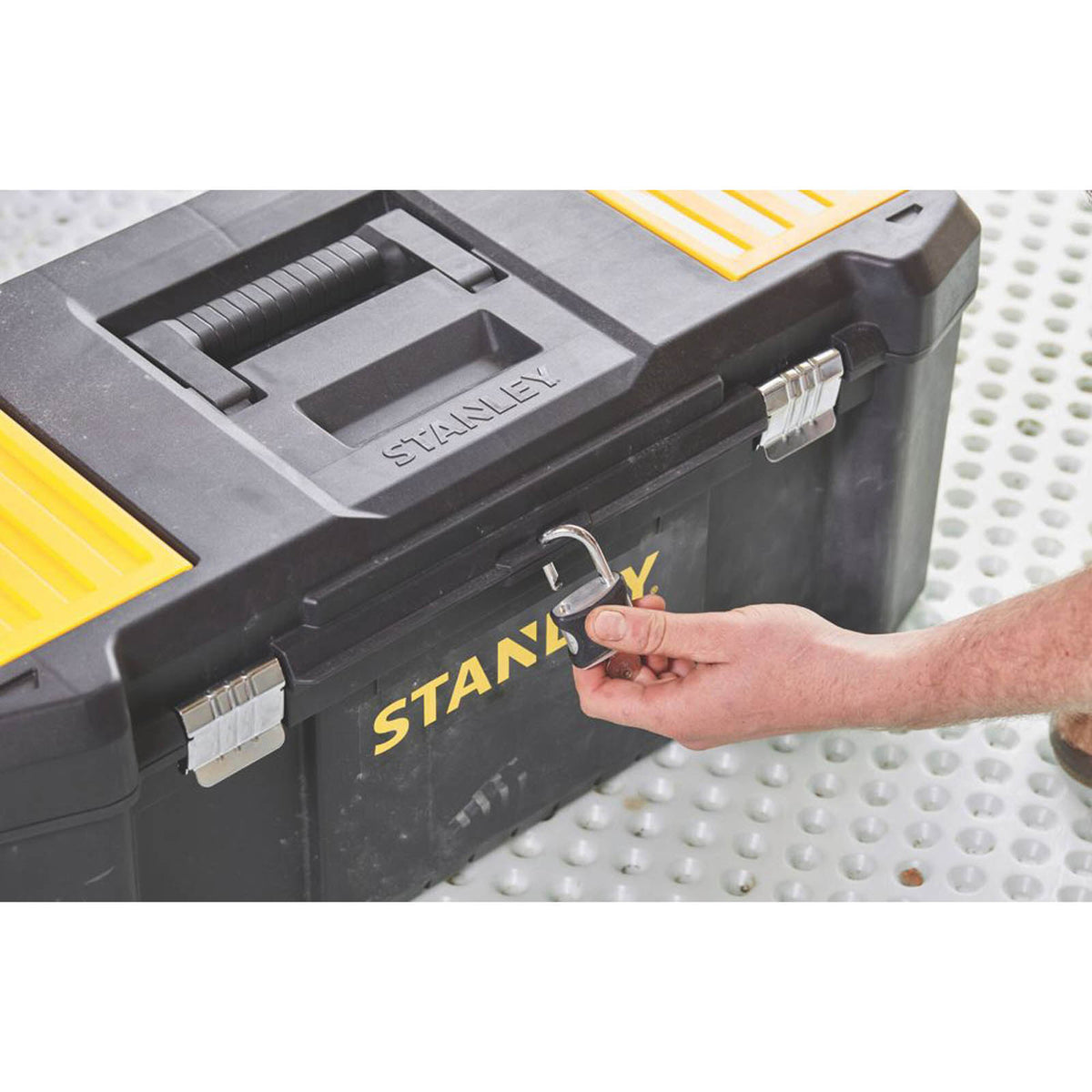 Stanley Tool Box Plastic Black Hinged Lid Removable Tray Water Resistant 26in - Image 3