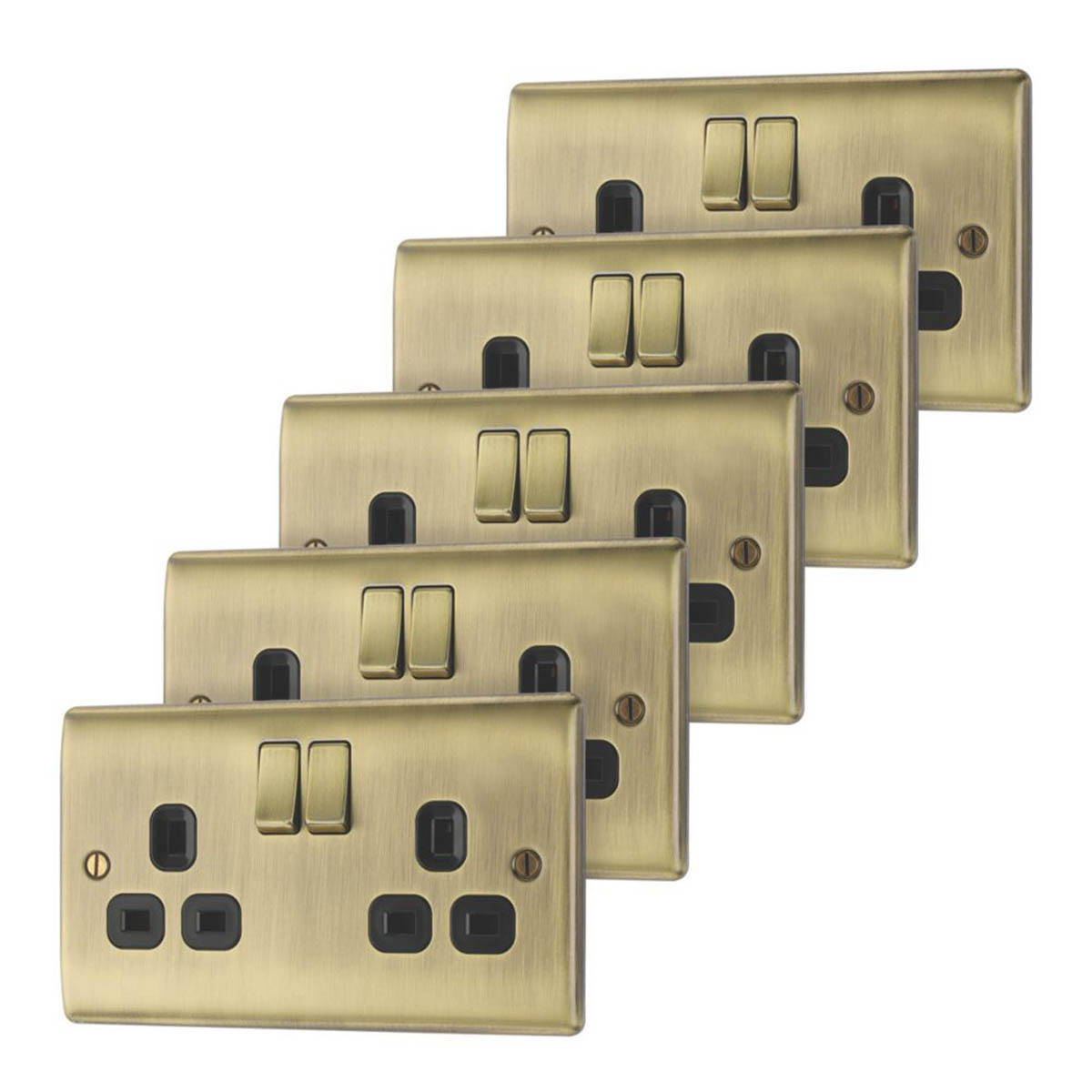 British General Wall Plug Socket 13A 2-Gang DP Switched Antique Brass Pack Of 5 - Image 1