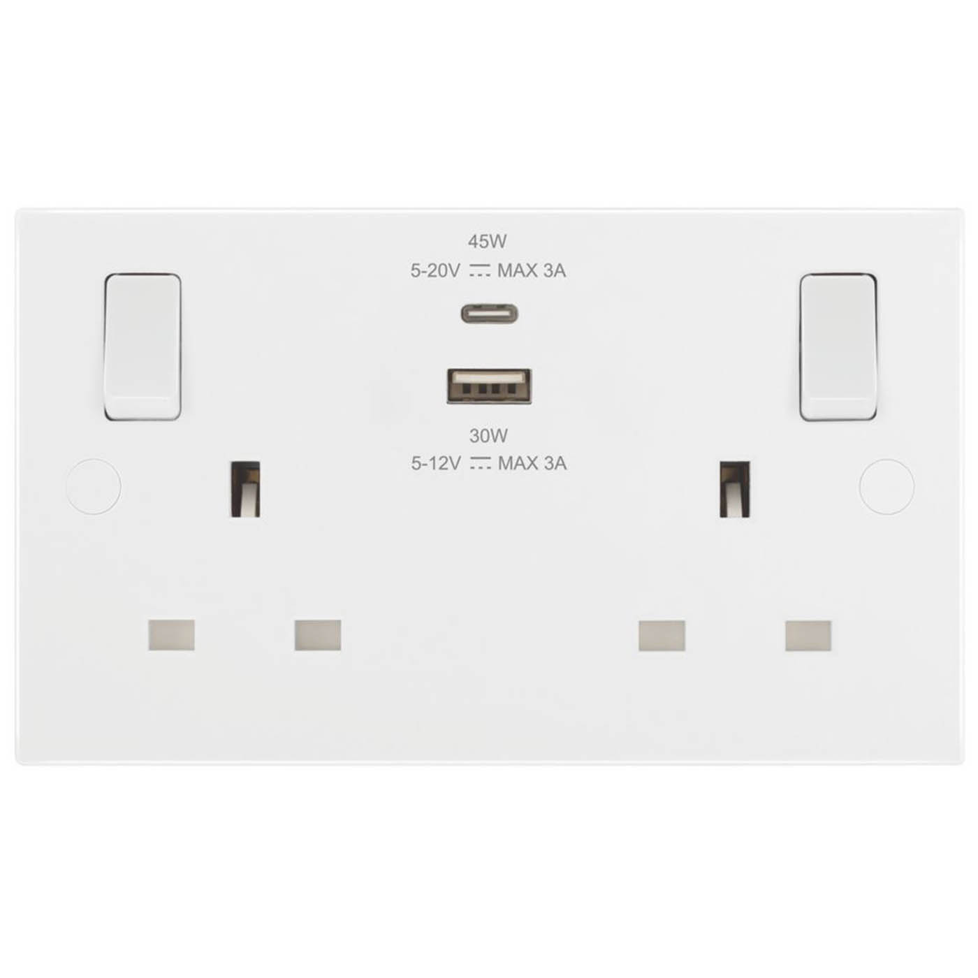 British General Wall Socket 2 Gang Single Pole Switched A And C USB White 13A - Image 2