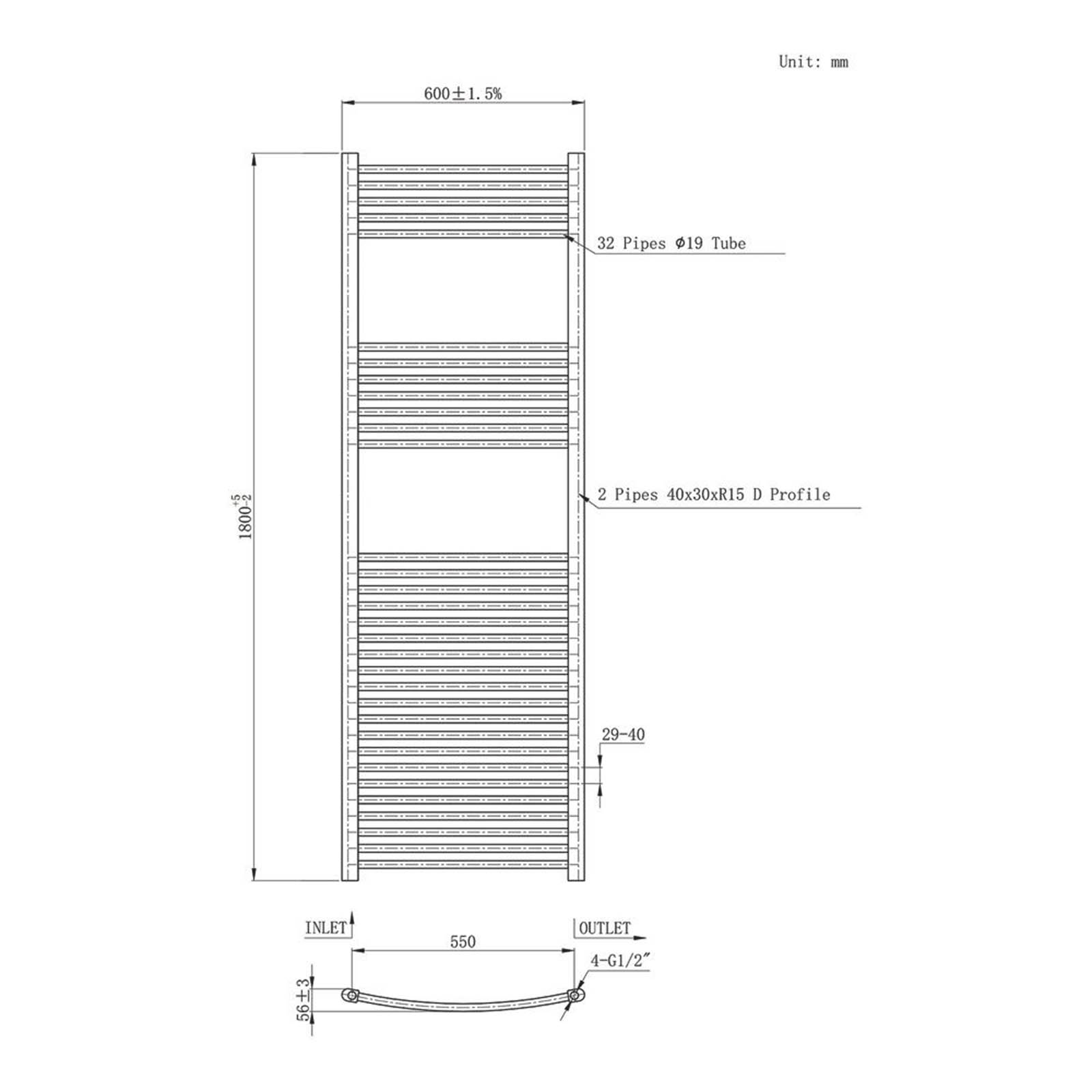 Flomasta 1800mm x 600mm 2890BTU Black Curved Towel Radiator - Image 5