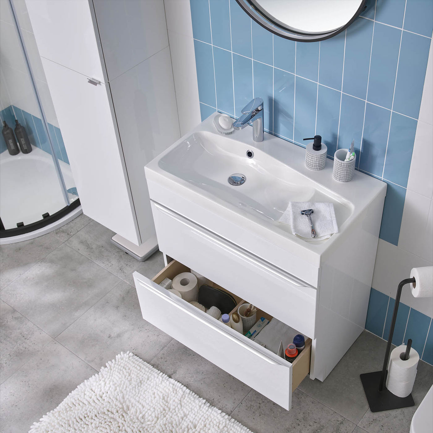 Countertop Wash Basin Sink Single Bowl Resin White Rectangular (W)80cm - Image 3