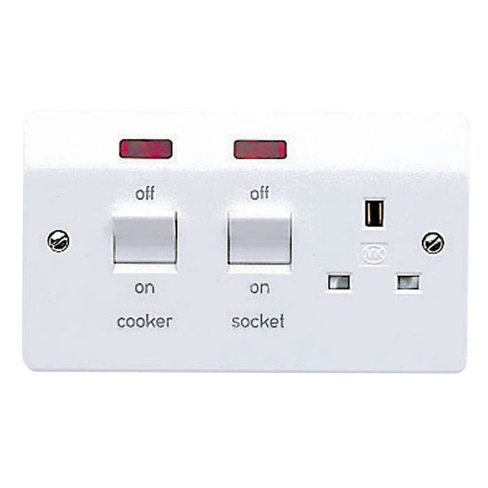 Kitchen Cooker Switch 45A Socket 13A Gloss White Raised Slim Neon Indicator - Image 1