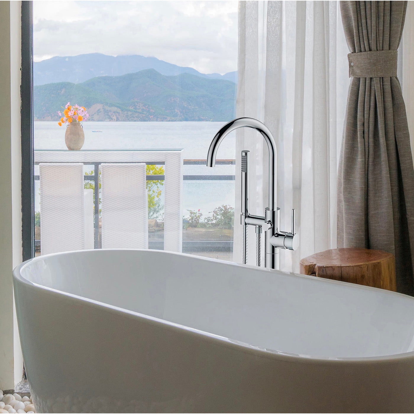 Bath Filler Tap Mixer Handheld Shower Set Chrome Bathroom Floor Mounted - Image 5