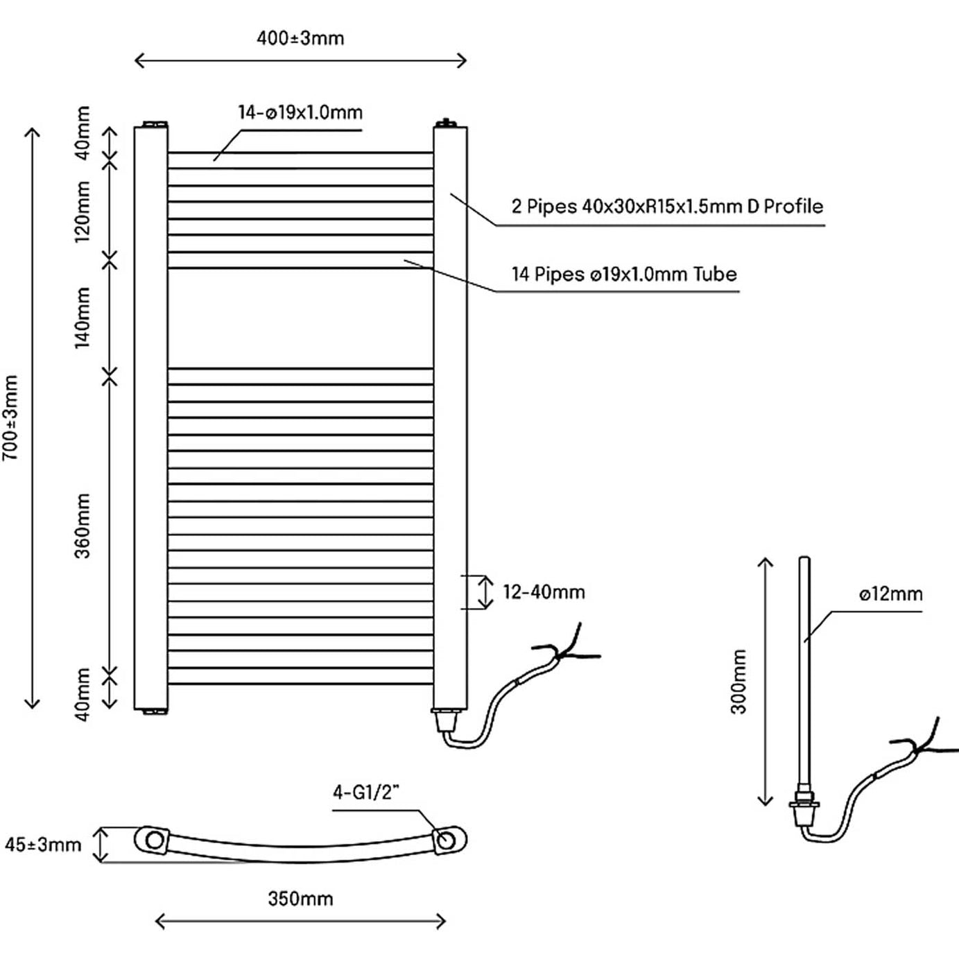 Electric Towel Rail Radiator Curved Chrome Compact Vertical Modern 700x400mm - Image 3