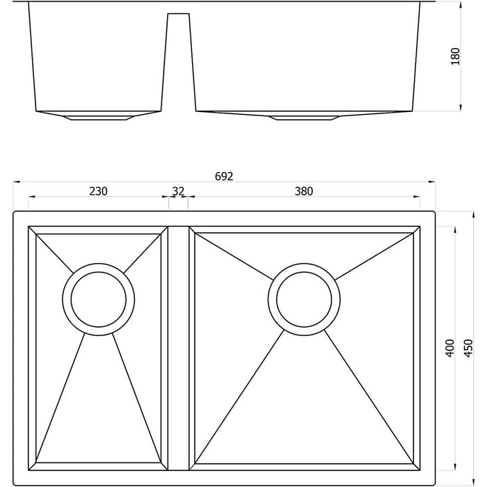 Kitchen Sink Stainless Steel 1.5 Bowl Undermount Rectangular 450 x 692mm - Image 4