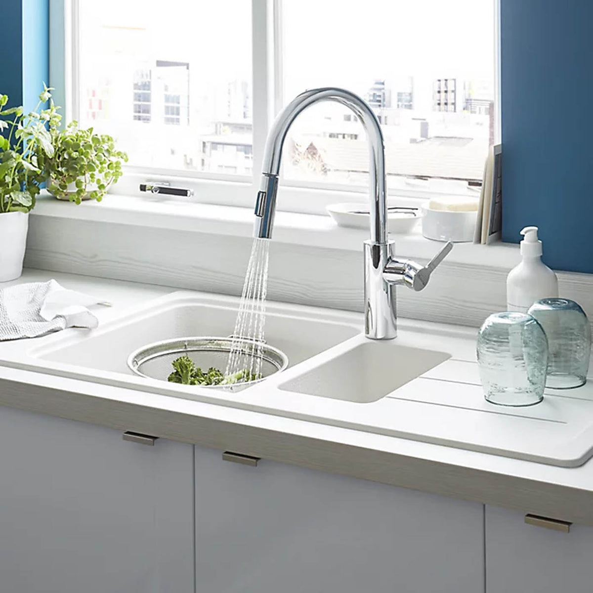 Kitchen Sink White 1.5 Bowl Reversible Drainer Composite Quartz Rectangular - Image 5