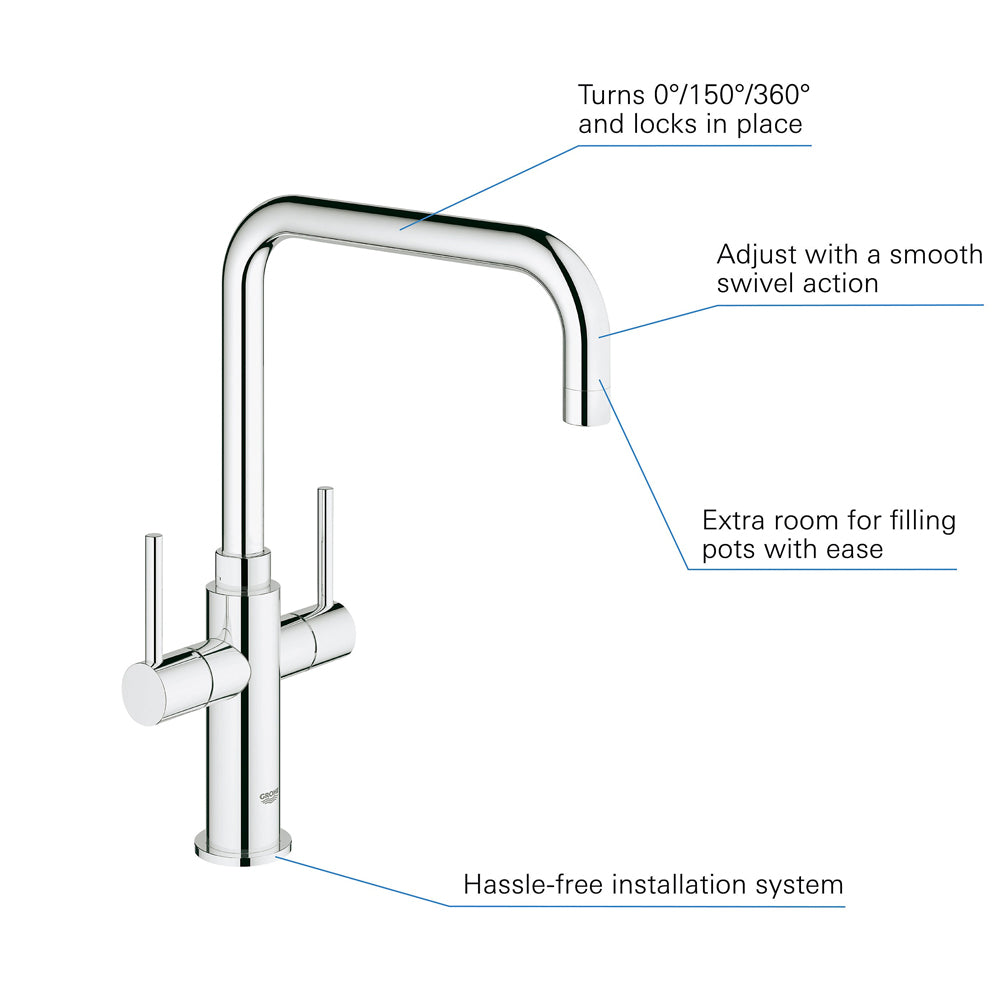 Grohe Kitchen Tap Monobloc Mixer Chrome Dual Lever Brass Contemporary Faucet - Image 3