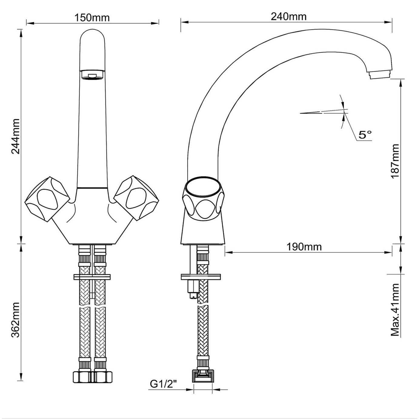 Kitchen Tap Monobloc Mixer Chrome Dual Lever Swivel Spout Modern Faucet - Image 5