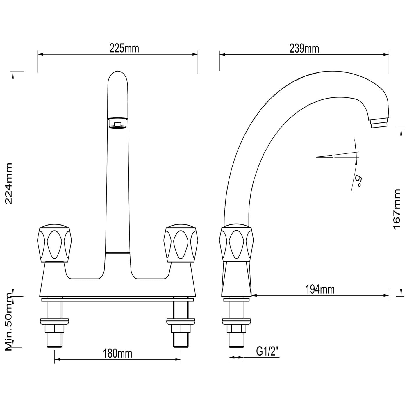 Kitchen Mixer Tap Deck Mounted Double Lever Chrome Finish Modern Faucet - Image 4