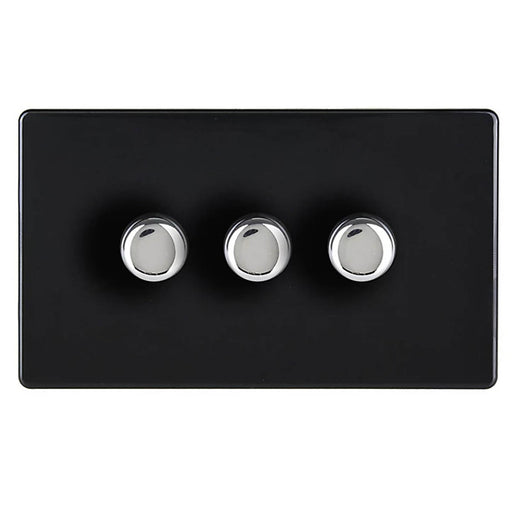 LED Dimmer Wall Switch 3 Gang 2 Way Flat Push-On/Off Rotary Black Screwless - Image 1
