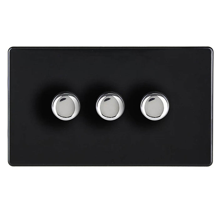 LED Dimmer Wall Switch 3 Gang 2 Way Flat Push-On/Off Rotary Black Screwless - Image 2