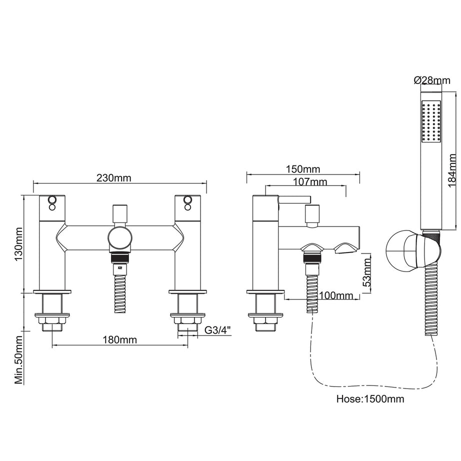 Bath Filler Tap Mixer With Hand Held Set Chrome ¼ Turn Contemporary Bathroom - Image 2