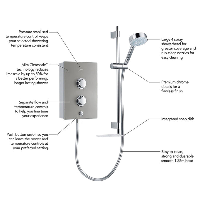 Mira Decor Silver Effect Electric Shower 8.5kW Thermostatic 3 Power Settings - Image 4