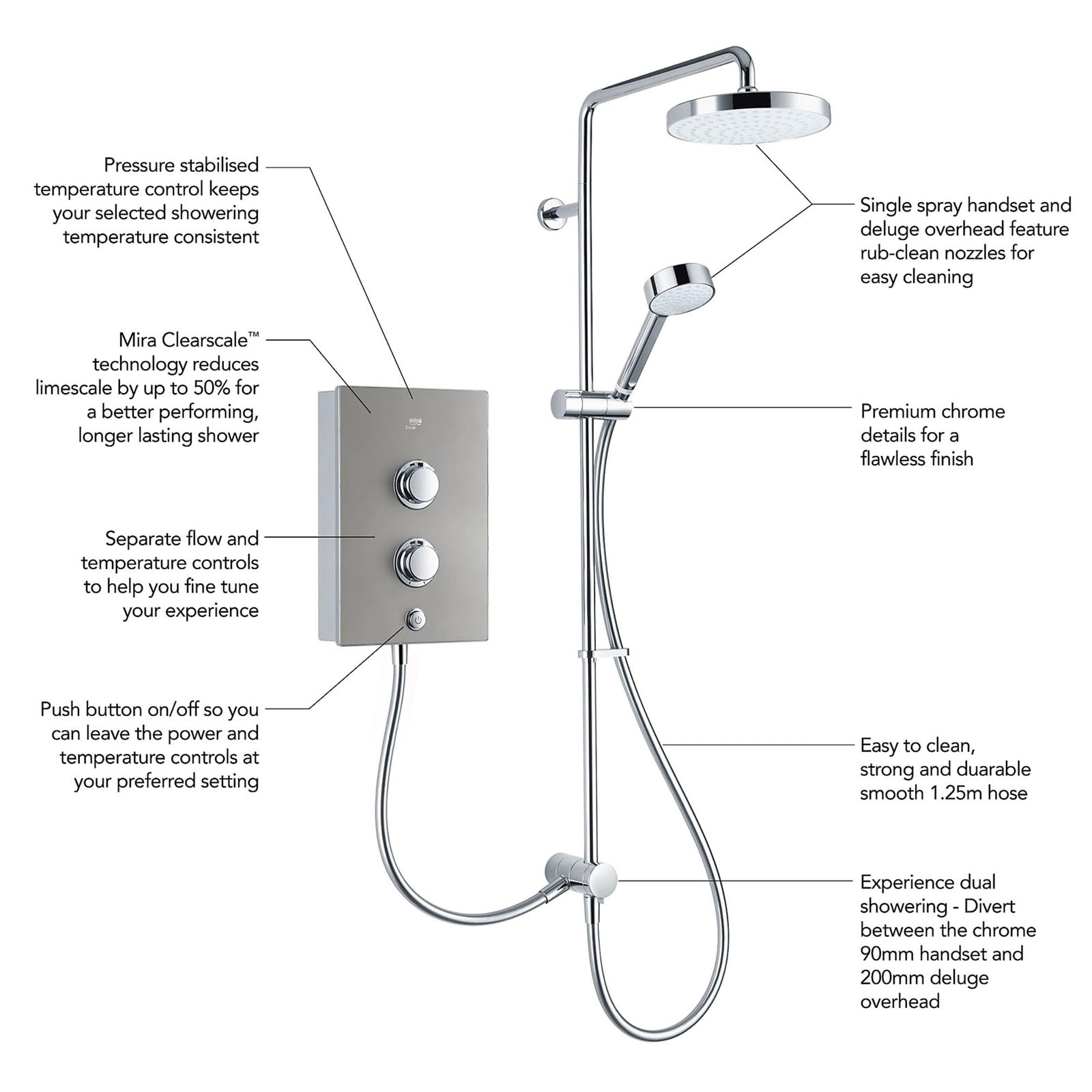 Mira Electric Shower 10.8kW Silver Single Spray Pattern Twin Round Head Bathroom - Image 9