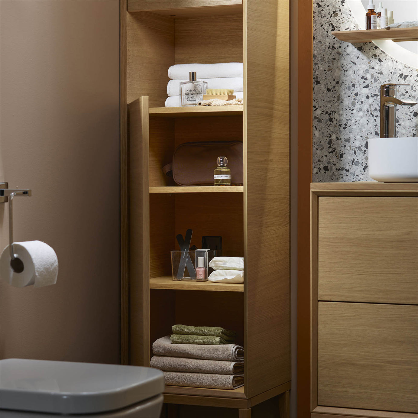 Bathroom Single Cabinet Avela Tall Matt Oak Effect Storage Cupboard H170xW40cm - Image 6