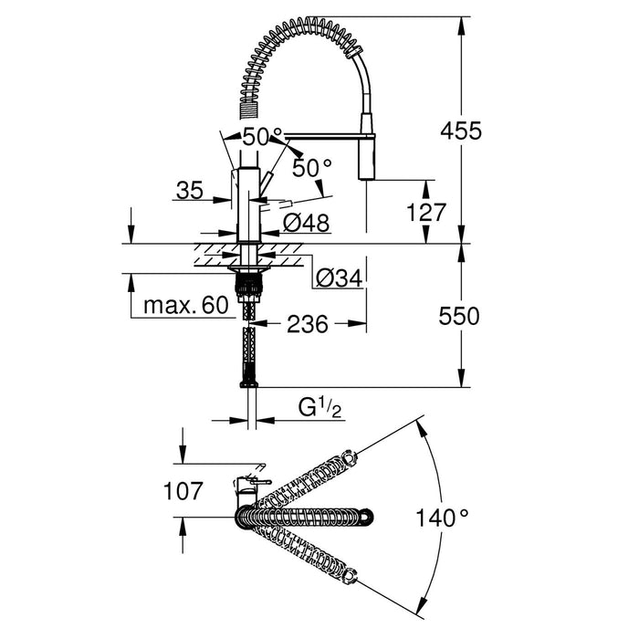 Kitchen Sink Tap Mixer Side Single Lever Spring Neck Chrome 360° Turnable Faucet - Image 3