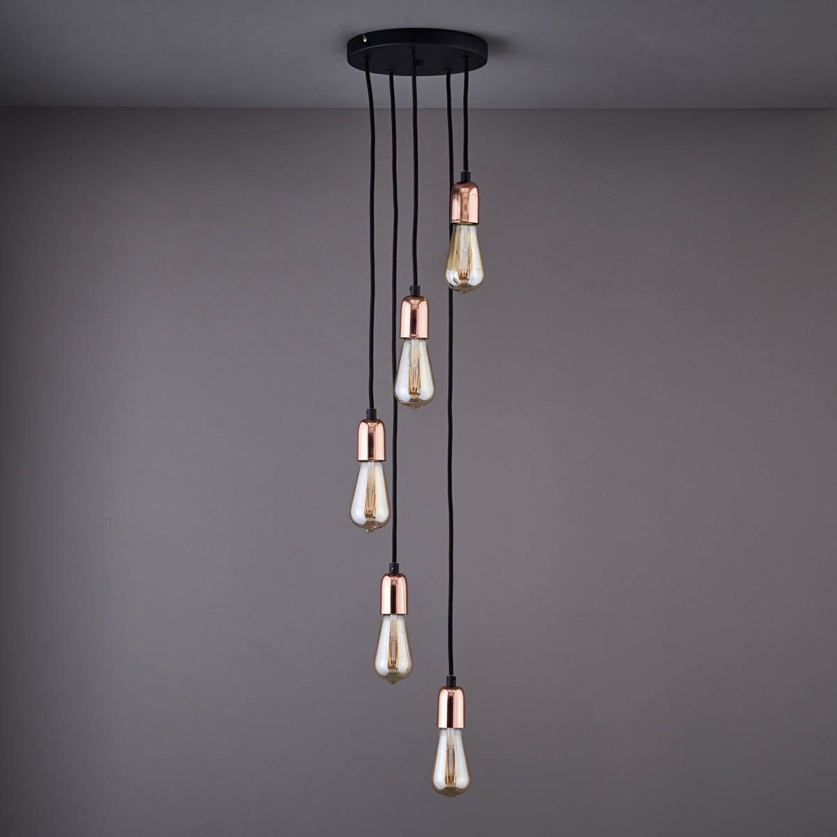 Pendant Ceiling Light 5 Lamp Steel Matt Black Antique Brass Effect Dimmable - Image 1