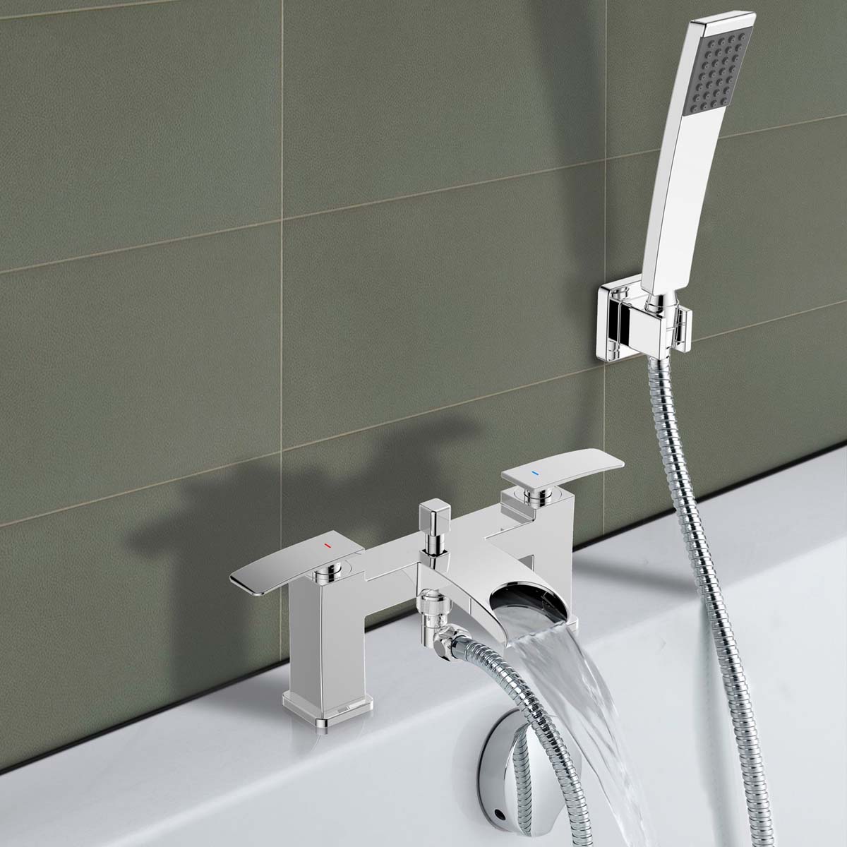 Bath Filler Tap Mixer With Hand Held Set Chrome Dual Lever Square Head Bathroom - Image 4