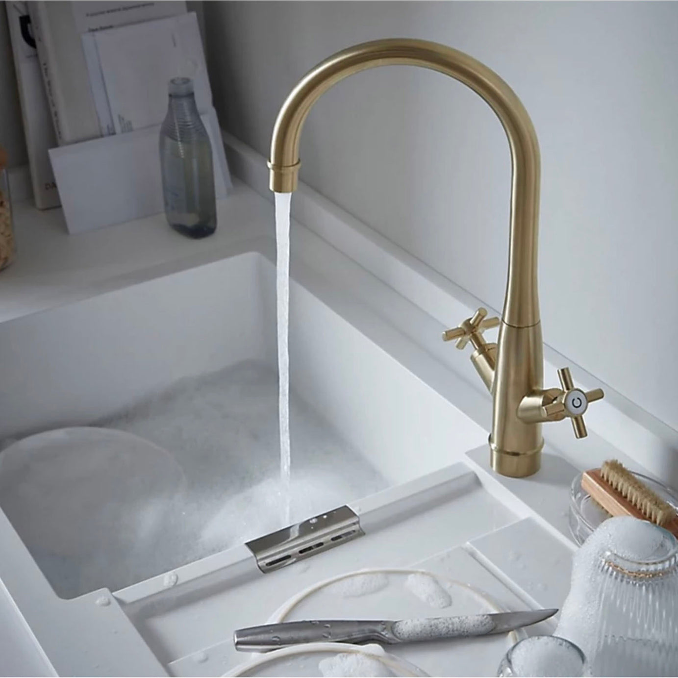 Kitchen Tap Mixer Double Lever Semi Gloss Gold Brass Effect Traditional Faucet - Image 5
