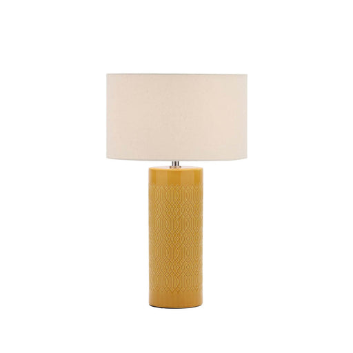 Table Lamp Embossed Ceramic Ochre Cylinder Yellow Modern Bedside Living Room - Image 1
