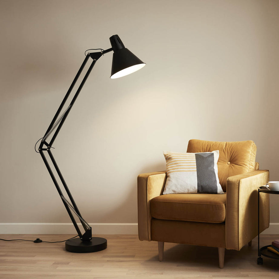 Floor Lamp Matt Black Retro Articulated Arm Tilting Head Livingroom (H)168cm - Image 1
