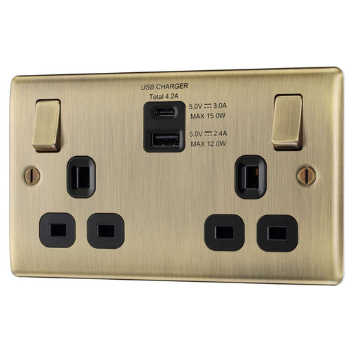 Double Switched Socket 13A  Steel Antique Brass  A C USB 4.2A Black Inserts - Image 1