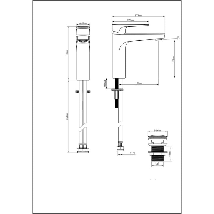 Basin Mono Mixer Tap Gloss Lever Handle Clicker Waste Bathroom Ceramic Cartridge - Image 3