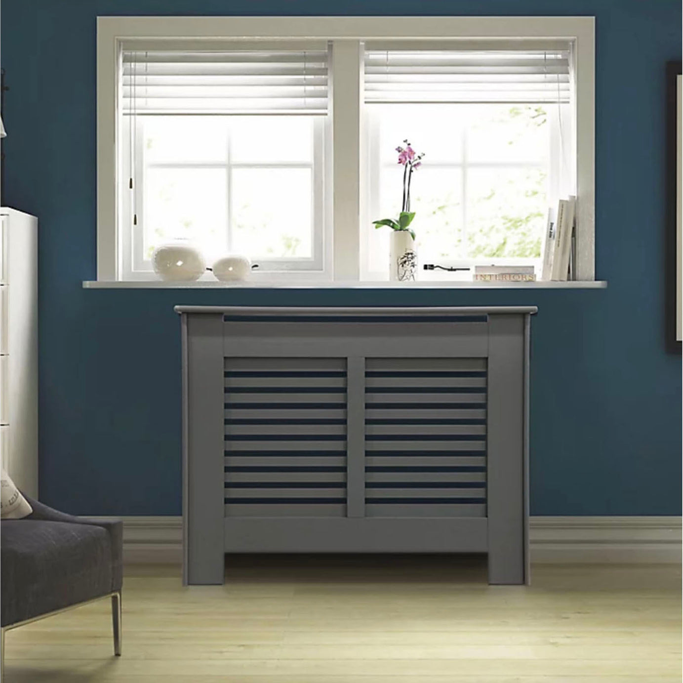 GoodHome Radiator Cover Suffolk Grey Horizontal Slate Design Easy Assembly Small - Image 1