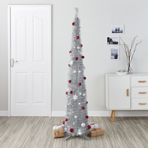 Pre Lit Christmas Tree 6Ft  Artificial Frosty Silver Effect Predecorated Festive - Image 1