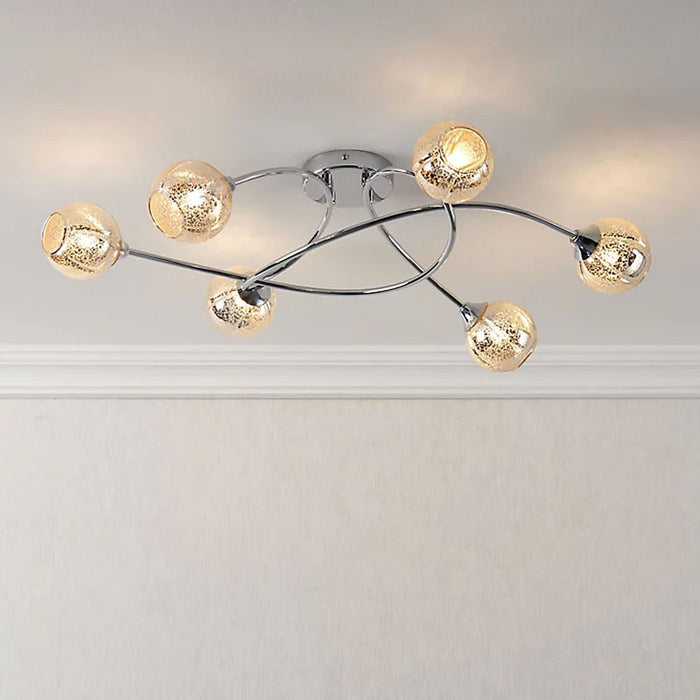 Ceiling Light 6 Way Chrome Effect Dimmable Crackled Round Glass Shades Modern - Image 2
