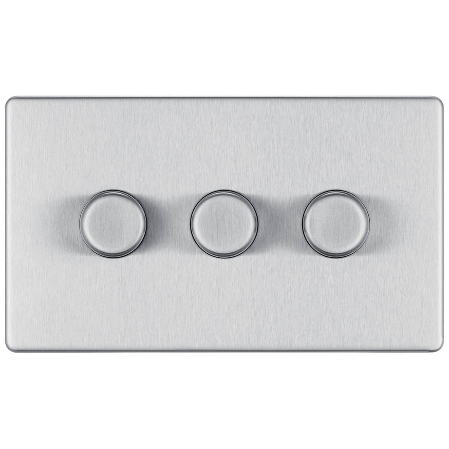 Dimmer Switch 3 Gang 2 Way Brushed Steel 400W Screwless LED Halogen Incandescent - Image 2