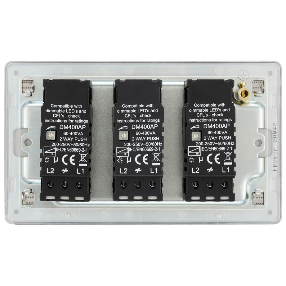 Dimmer Switch 3 Gang 2 Way Brushed Steel 400W Screwless LED Halogen Incandescent - Image 4