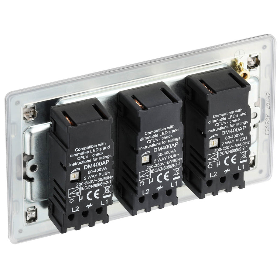 Dimmer Switch 3 Gang 2 Way Brushed Steel 400W Screwless LED Halogen Incandescent - Image 6