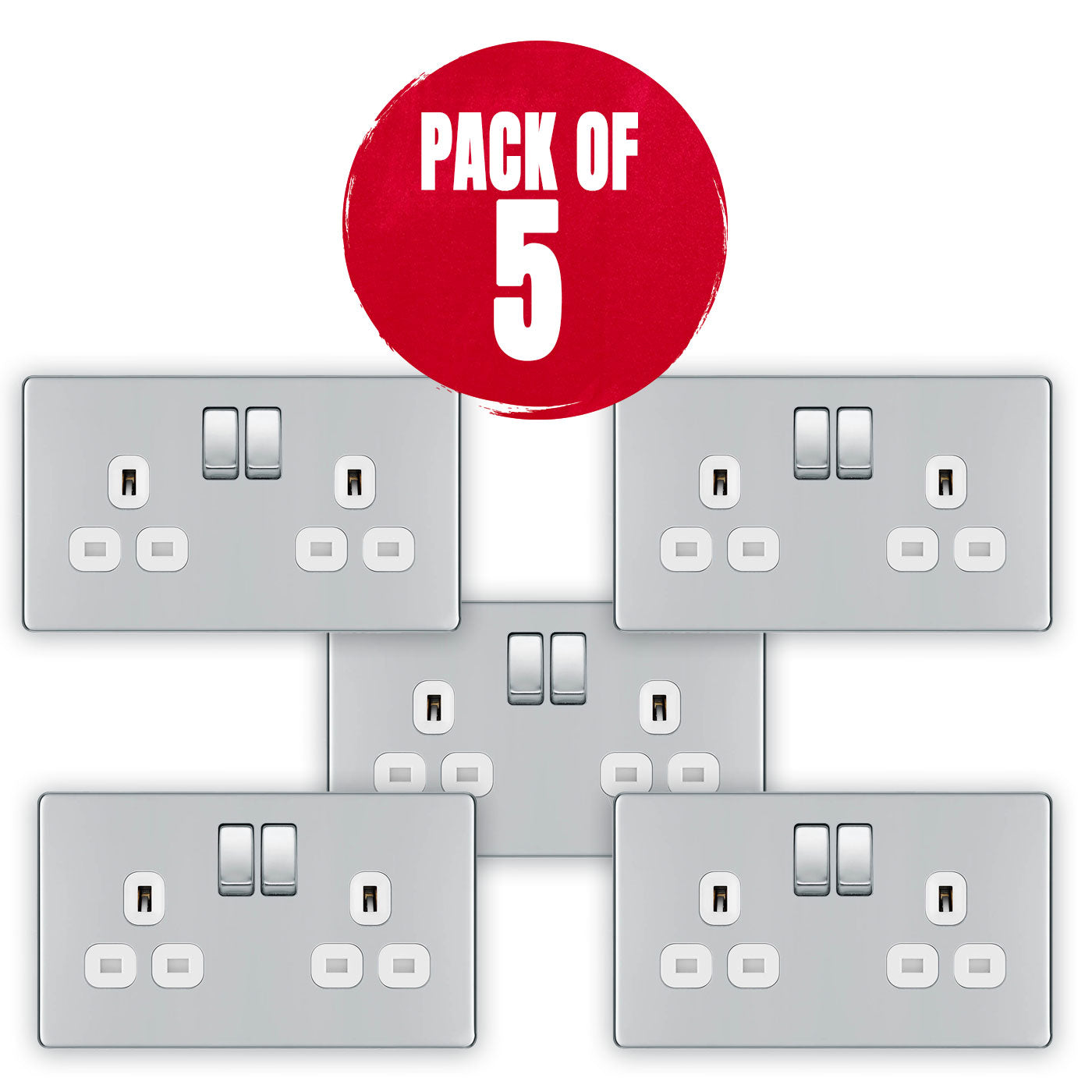 Double Switched Socket 13A 2 Gang Chrome Effect Finish Screwless 5 Pack - Image 1