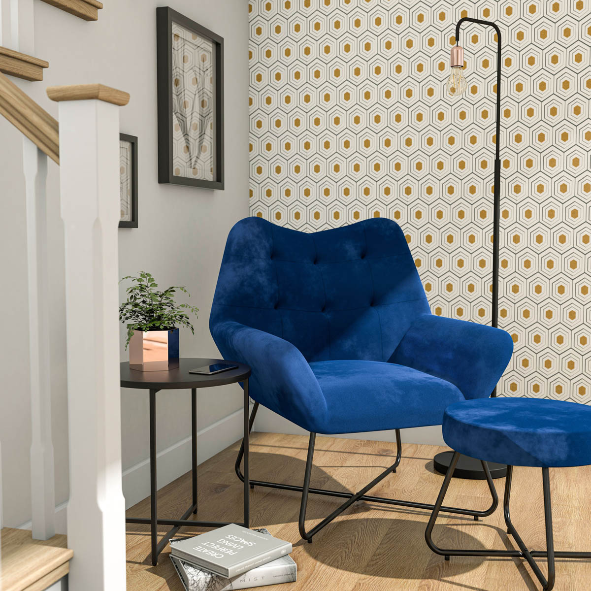 Turio Padded Stool Deep blue Velvet effect - Image 2