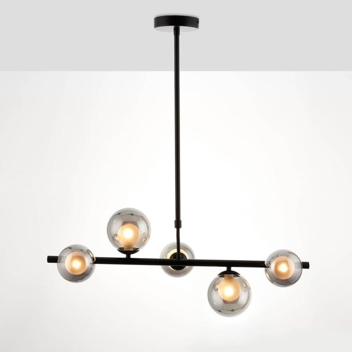 Pendant Ceiling Light Black 5 Way Multi Arm Globe Glass Shades (Dia)250mm - Image 1