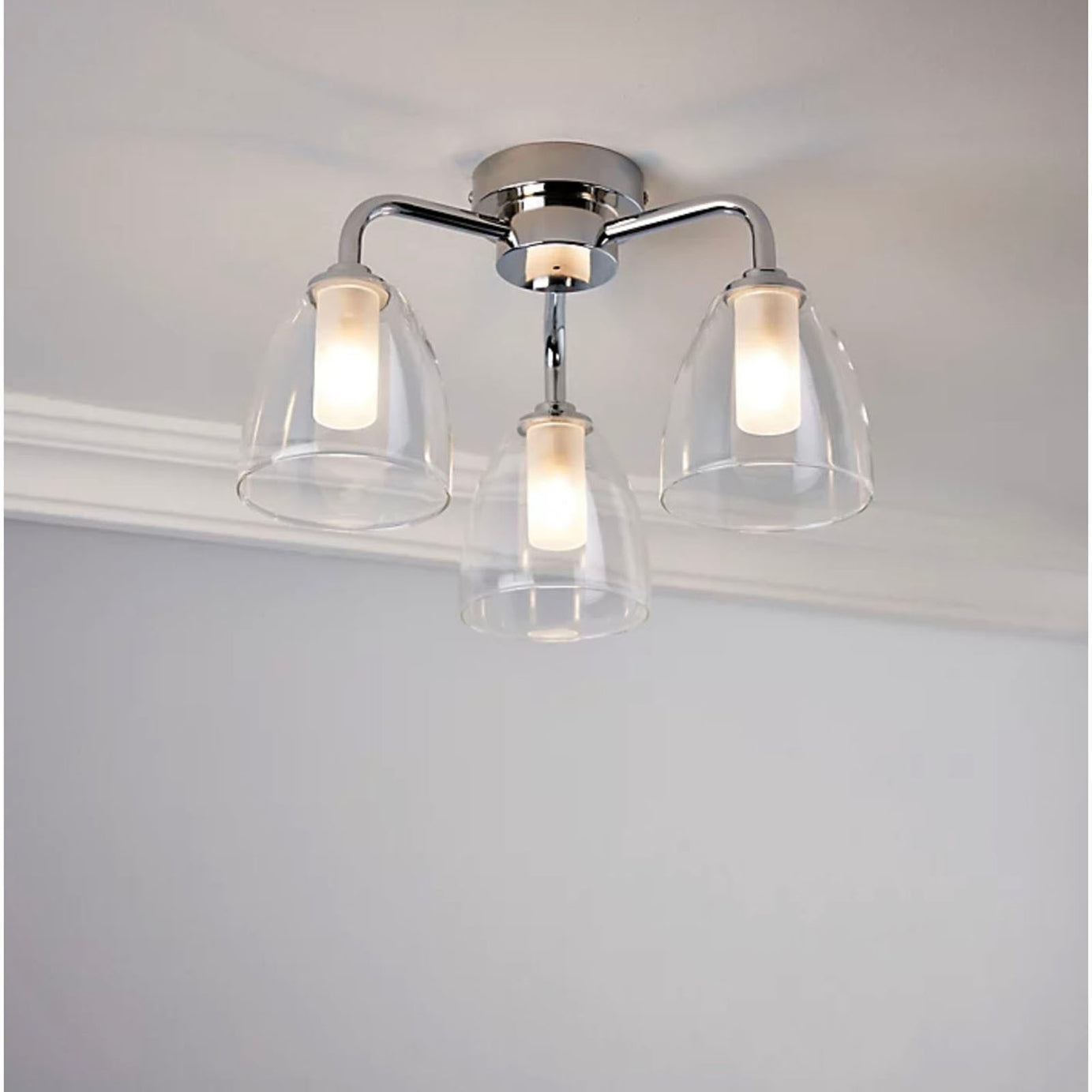 Bathroom Ceiling Light 3 Way Chrome Effect Clear Bell Glass Shades Modern 54W - Image 1