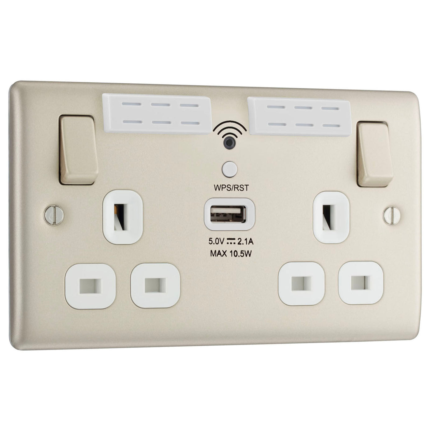 Wall Switched Socket Double WiFi Extender With USB 13A Metal Pearl Nickel Effect - Image 1