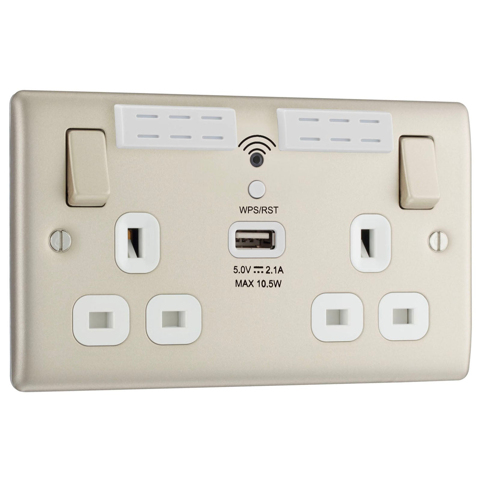 Wall Switched Socket Double WiFi Extender With USB 13A Metal Pearl Nickel Effect - Image 1