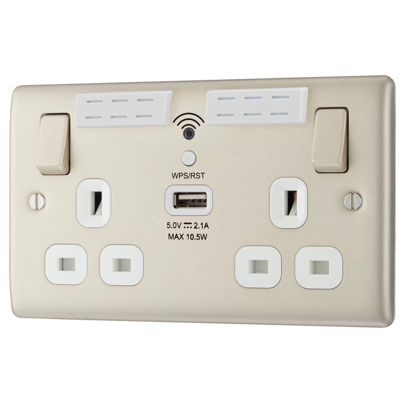 Wall Switched Socket Double WiFi Extender With USB 13A Metal Pearl Nickel Effect - Image 2