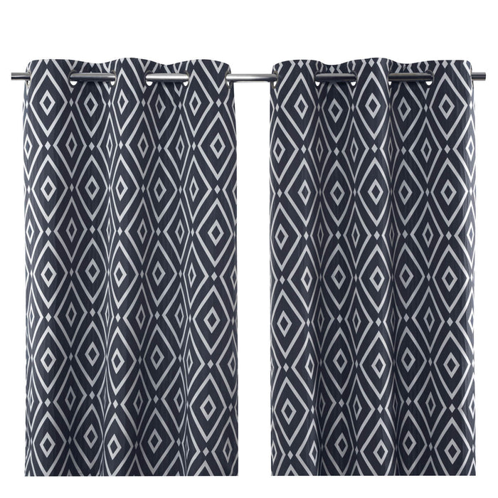 Eyelet Curtain Pair Blue Bold Geo Lined Bay Window Modern (W)228 (L)228cm - Image 1